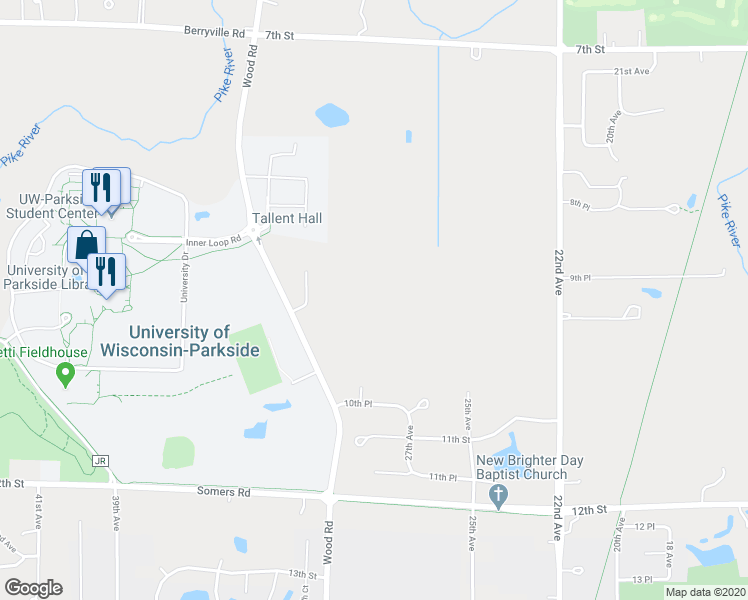 map of restaurants, bars, coffee shops, grocery stores, and more near 953 Wood Road in Kenosha