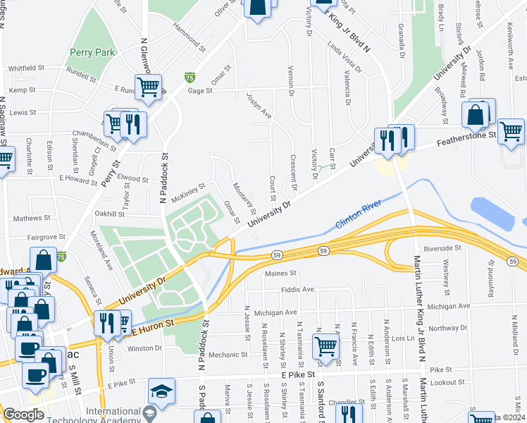 map of restaurants, bars, coffee shops, grocery stores, and more near 435 University Drive in Pontiac