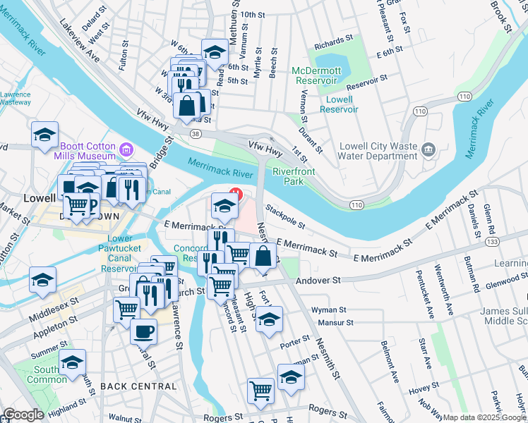 map of restaurants, bars, coffee shops, grocery stores, and more near 59 Bartlett Street in Lowell