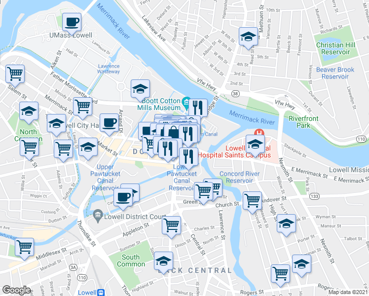 map of restaurants, bars, coffee shops, grocery stores, and more near 27 Kearney Square in Lowell