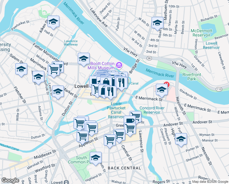 map of restaurants, bars, coffee shops, grocery stores, and more near 29-31 Central Street in Lowell