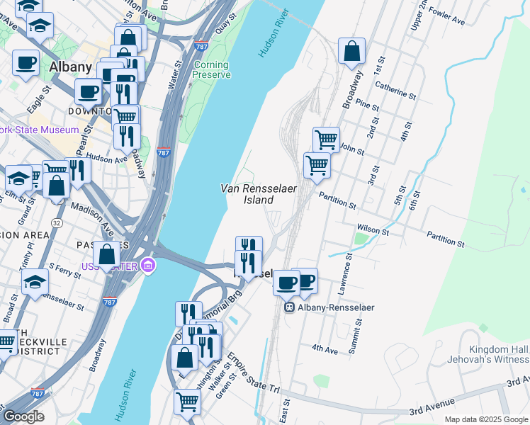 map of restaurants, bars, coffee shops, grocery stores, and more near 660 Broadway in Watervliet