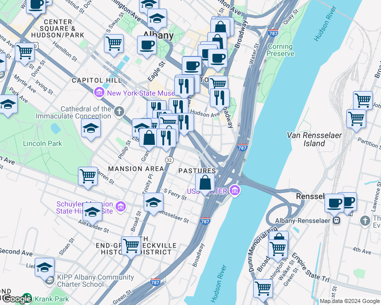 map of restaurants, bars, coffee shops, grocery stores, and more near 58 Bleecker Street in Albany