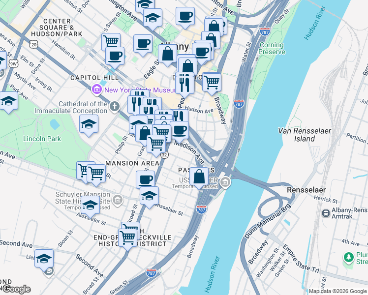 map of restaurants, bars, coffee shops, grocery stores, and more near 58 Bleecker Street in Albany
