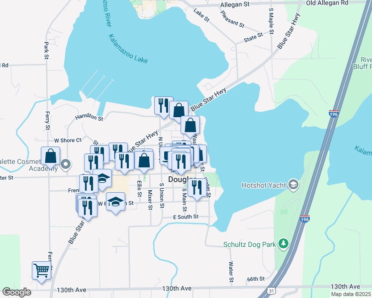 map of restaurants, bars, coffee shops, grocery stores, and more near 10 West Wall Street in Douglas