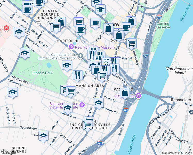 map of restaurants, bars, coffee shops, grocery stores, and more near 94 Grand Street in Albany
