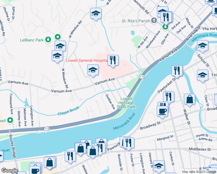 map of restaurants, bars, coffee shops, grocery stores, and more near 94 Delaware Avenue in Lowell