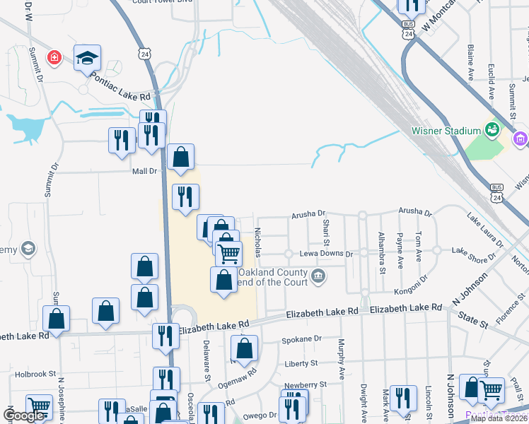 map of restaurants, bars, coffee shops, grocery stores, and more near 745 Arusha Drive in Pontiac