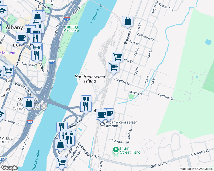 map of restaurants, bars, coffee shops, grocery stores, and more near 760 Broadway in Rensselaer