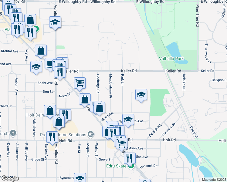 map of restaurants, bars, coffee shops, grocery stores, and more near 2180 Meadowlawn Drive in Delhi charter Township