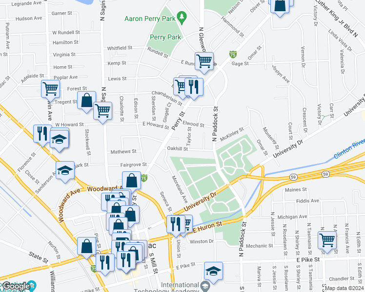 map of restaurants, bars, coffee shops, grocery stores, and more near 49 Oakhill Street in Pontiac