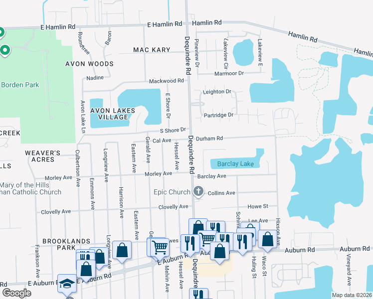 map of restaurants, bars, coffee shops, grocery stores, and more near 47855 Dequindre Road in Rochester Hills
