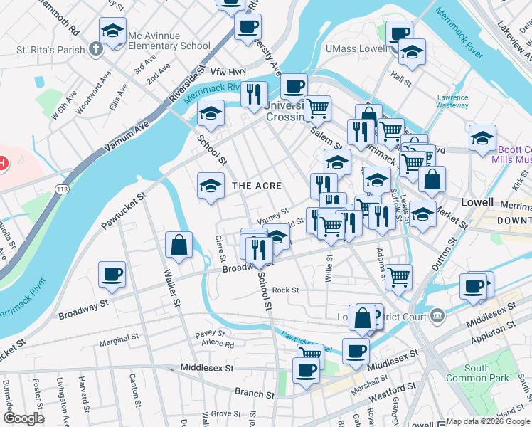 map of restaurants, bars, coffee shops, grocery stores, and more near 157 Mount Vernon Street in Lowell