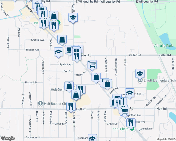 map of restaurants, bars, coffee shops, grocery stores, and more near 2168 North Cedar Street in Delhi charter Township
