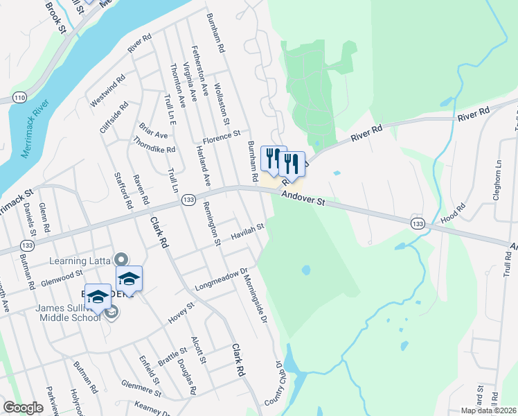 map of restaurants, bars, coffee shops, grocery stores, and more near 54 Dancause Road in Lowell