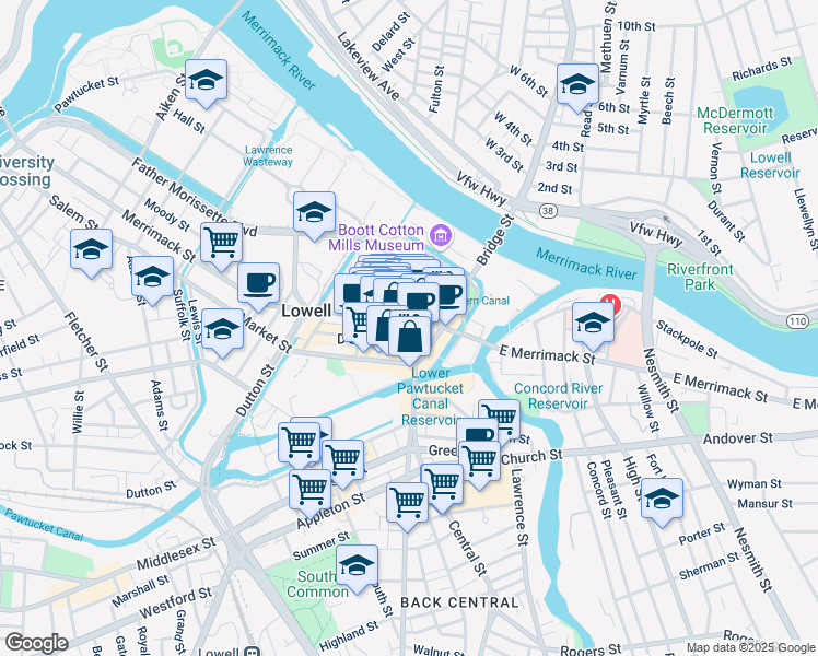 map of restaurants, bars, coffee shops, grocery stores, and more near 29-31 Central Street in Lowell