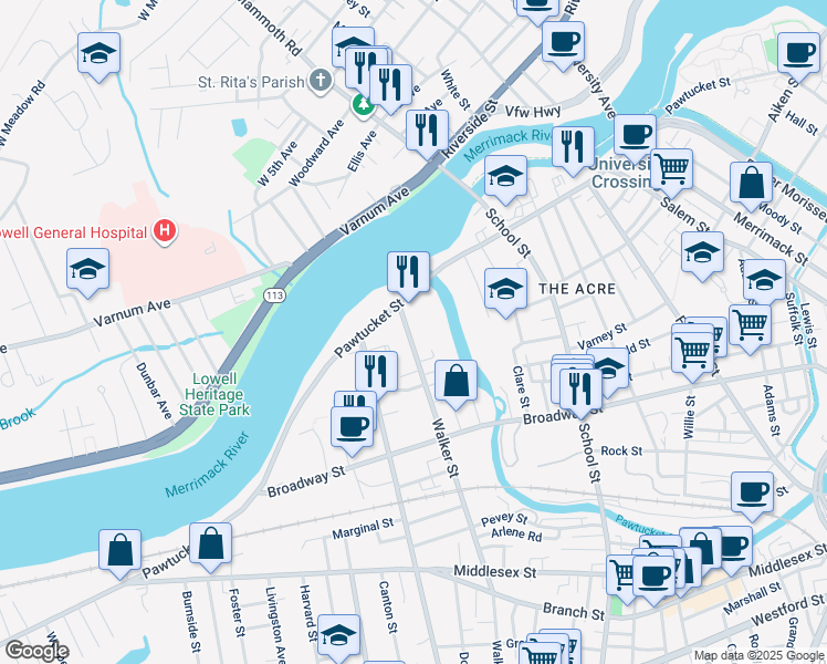map of restaurants, bars, coffee shops, grocery stores, and more near 45 Walker Street in Lowell