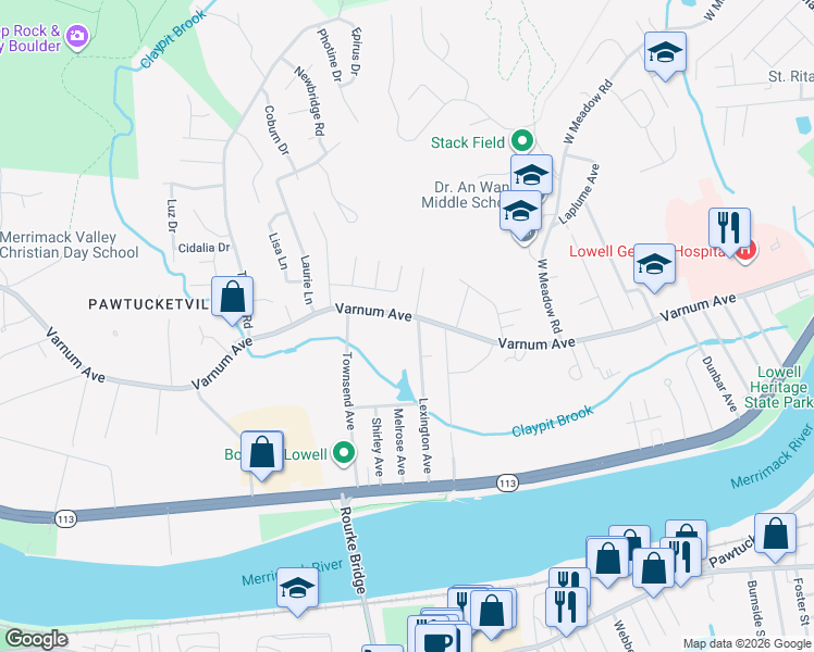 map of restaurants, bars, coffee shops, grocery stores, and more near 144 Lexington Avenue in Lowell