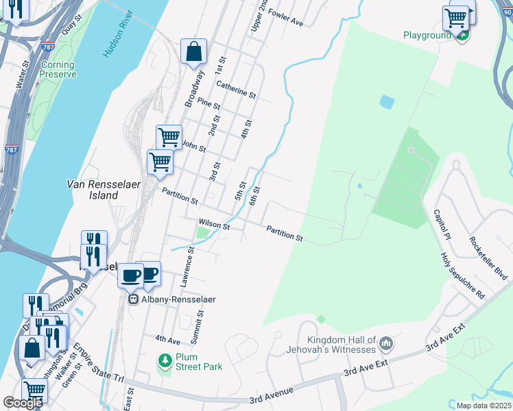 map of restaurants, bars, coffee shops, grocery stores, and more near 822 6th Street in Rensselaer