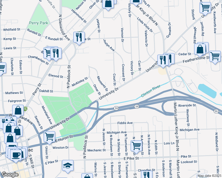 map of restaurants, bars, coffee shops, grocery stores, and more near 435 University Drive in Pontiac