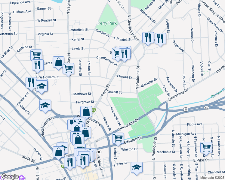 map of restaurants, bars, coffee shops, grocery stores, and more near 16 Oakhill Street in Pontiac