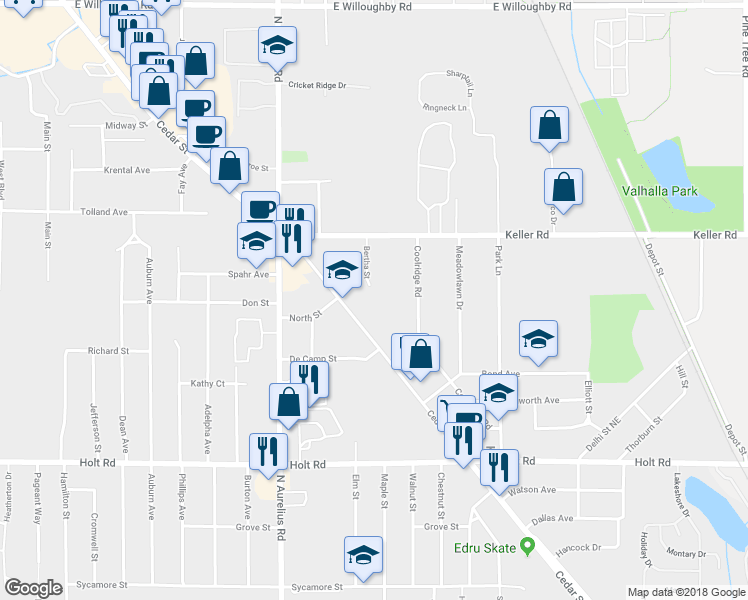 map of restaurants, bars, coffee shops, grocery stores, and more near 2164 Bertha Street in Delhi charter Township