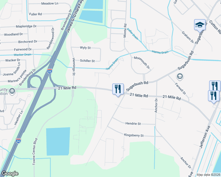 map of restaurants, bars, coffee shops, grocery stores, and more near 27675 21 Mile Road in New Baltimore