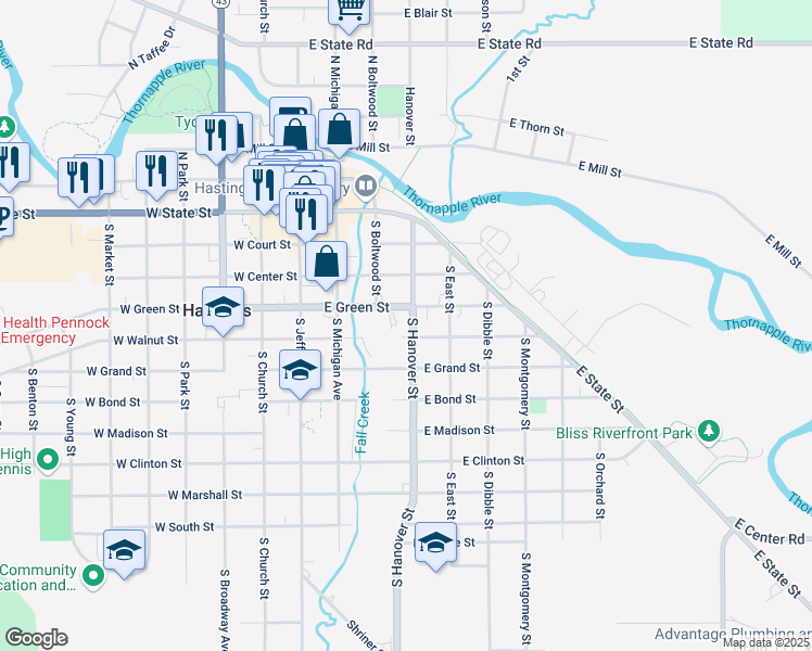 map of restaurants, bars, coffee shops, grocery stores, and more near 420 South Hanover Street in Hastings