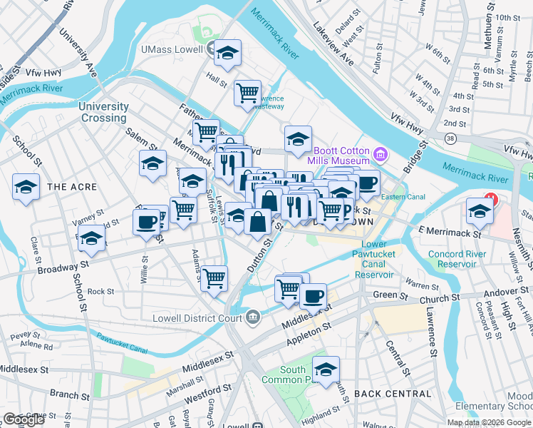 map of restaurants, bars, coffee shops, grocery stores, and more near 165 Worthen Street in Lowell