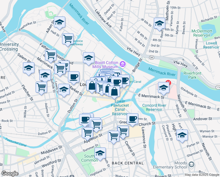 map of restaurants, bars, coffee shops, grocery stores, and more near in Lowell