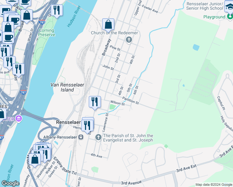 map of restaurants, bars, coffee shops, grocery stores, and more near 57 Partition Street in Rensselaer