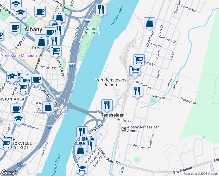 map of restaurants, bars, coffee shops, grocery stores, and more near 660 Broadway in Watervliet