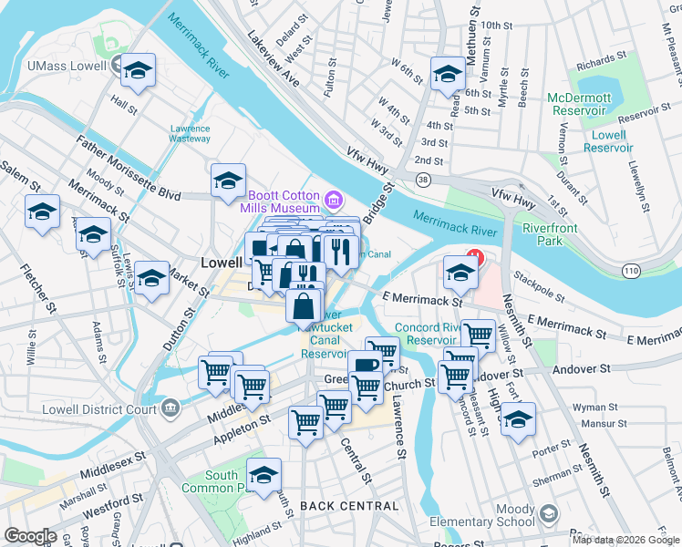 map of restaurants, bars, coffee shops, grocery stores, and more near 10 Kearney Square in Lowell
