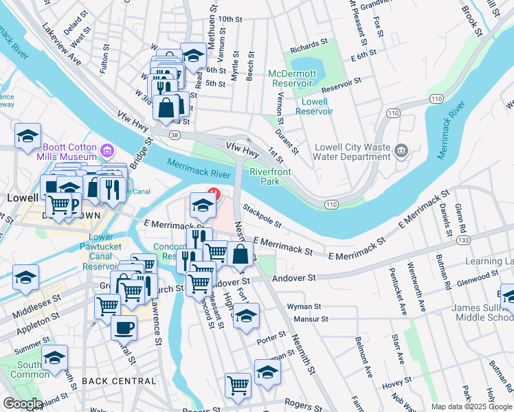 map of restaurants, bars, coffee shops, grocery stores, and more near 215 Stackpole Street in Lowell