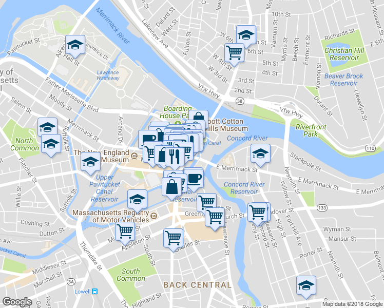 map of restaurants, bars, coffee shops, grocery stores, and more near 27 Kearney Square in Lowell