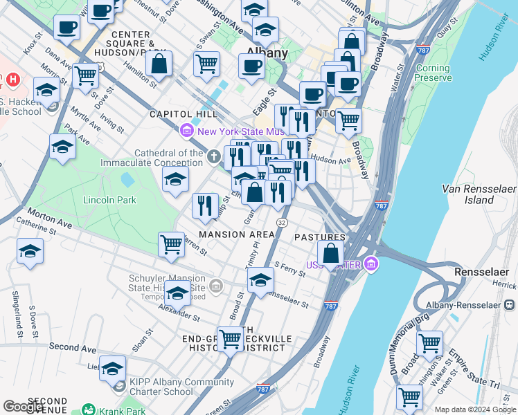 map of restaurants, bars, coffee shops, grocery stores, and more near 35 Trinity Place in Albany