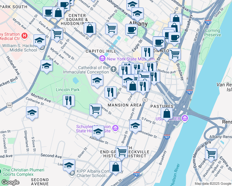 map of restaurants, bars, coffee shops, grocery stores, and more near 97 Philip Street in Albany