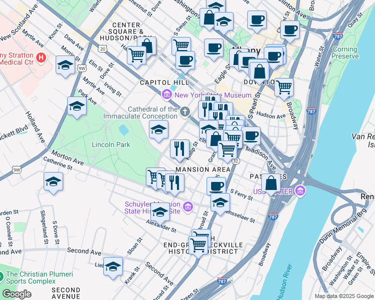 map of restaurants, bars, coffee shops, grocery stores, and more near 97 Philip Street in Albany