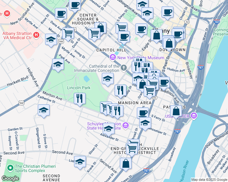 map of restaurants, bars, coffee shops, grocery stores, and more near 67 Park Avenue in Albany