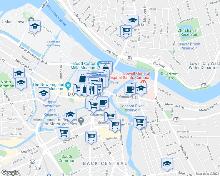 map of restaurants, bars, coffee shops, grocery stores, and more near 50 Kearney Square in Lowell