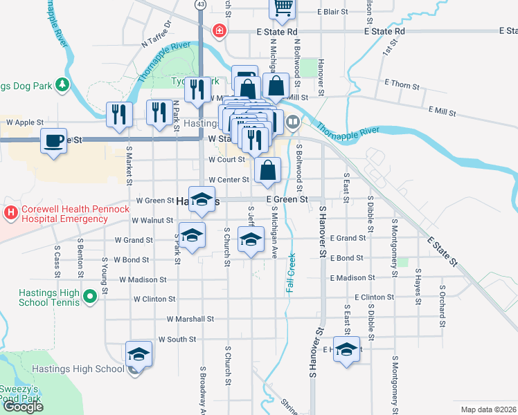 map of restaurants, bars, coffee shops, grocery stores, and more near 114 East Walnut Street in Hastings