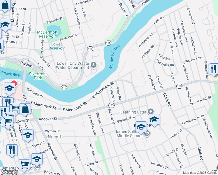 map of restaurants, bars, coffee shops, grocery stores, and more near 47 Barasford Avenue in Lowell