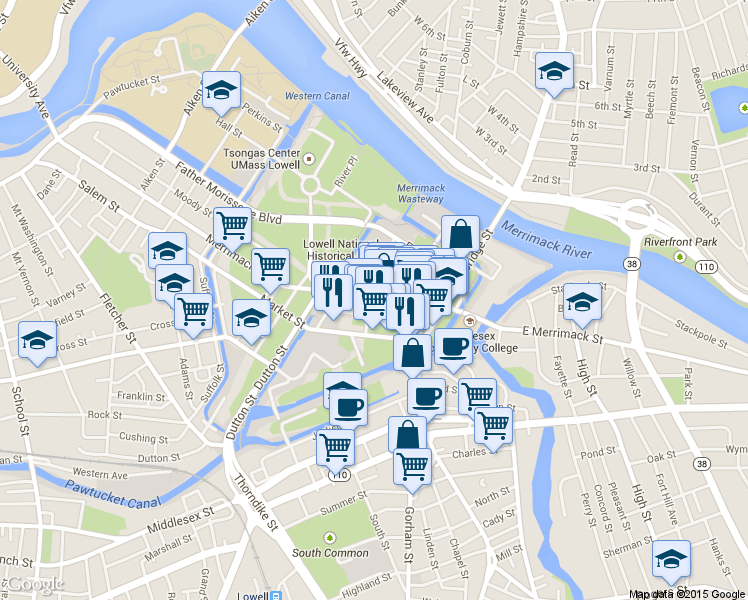 map of restaurants, bars, coffee shops, grocery stores, and more near in Lowell