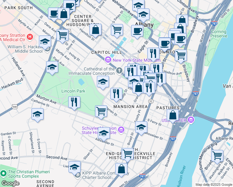 map of restaurants, bars, coffee shops, grocery stores, and more near 97 Philip Street in Albany