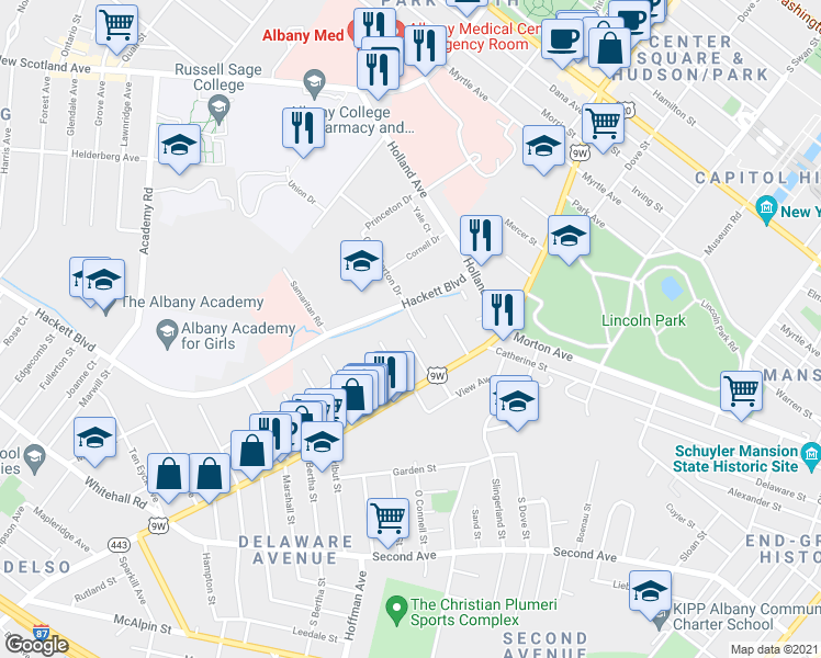 map of restaurants, bars, coffee shops, grocery stores, and more near 14 Delaware Terrace in Albany