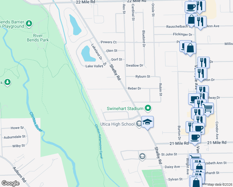 map of restaurants, bars, coffee shops, grocery stores, and more near 6730 Mayfair Road in Macomb County