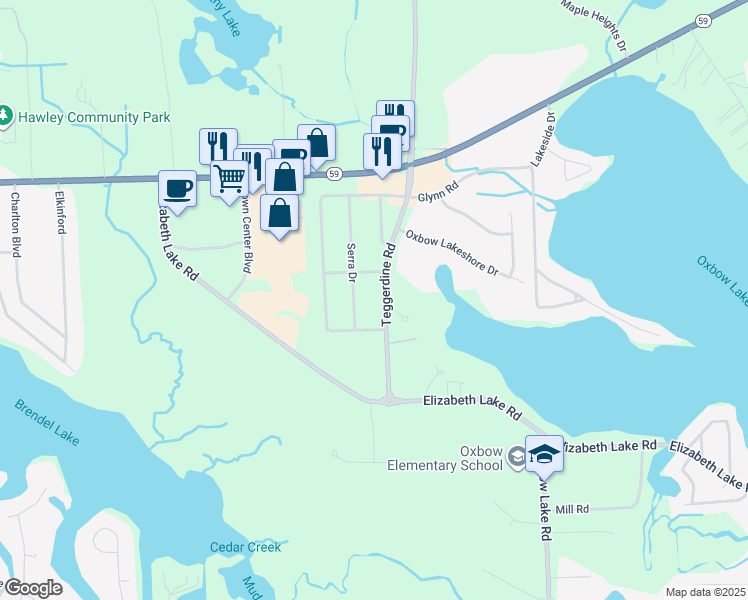 map of restaurants, bars, coffee shops, grocery stores, and more near 185 Teggerdine Road in White Lake charter Township