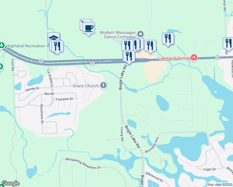 map of restaurants, bars, coffee shops, grocery stores, and more near 300 Bogie Lake Road in White Lake charter Township