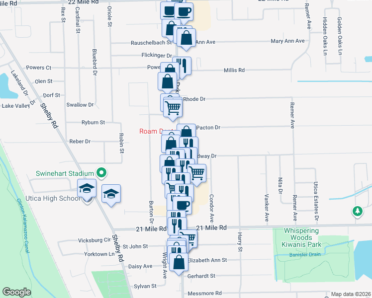 map of restaurants, bars, coffee shops, grocery stores, and more near 47540 Van Dyke Avenue in Utica