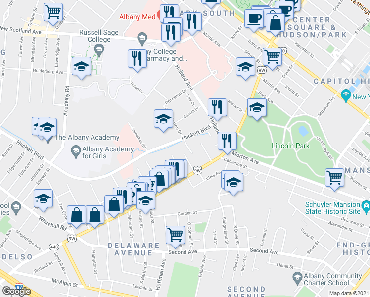 map of restaurants, bars, coffee shops, grocery stores, and more near 6 Crown Terrace in Albany